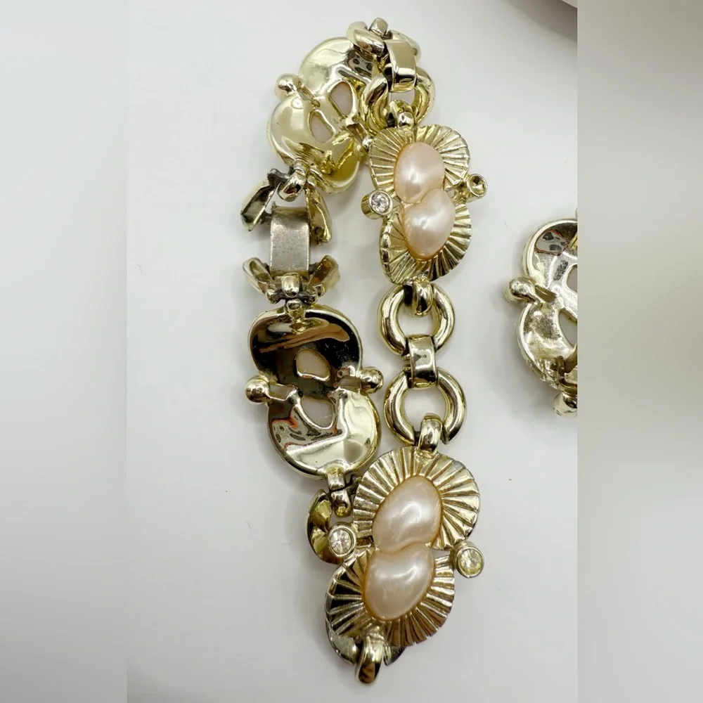 Vintage Faux Pearl Bracelet & Clip-On Earrings Set | Gold Sunburst